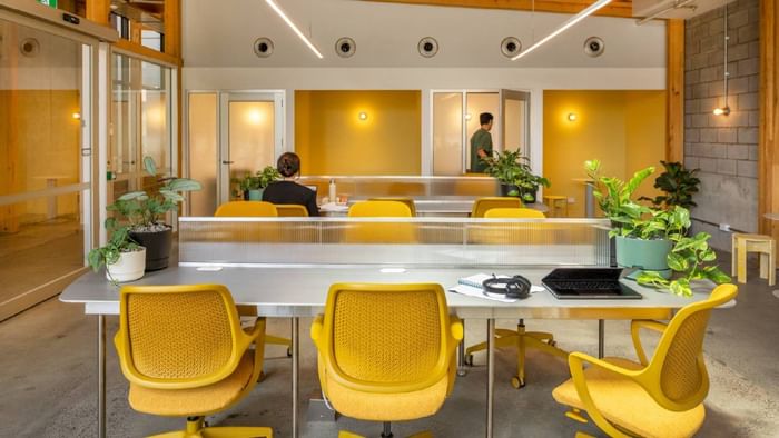 Modern co-working space with yellow chairs, white desks, and plants in a bright, open environment.