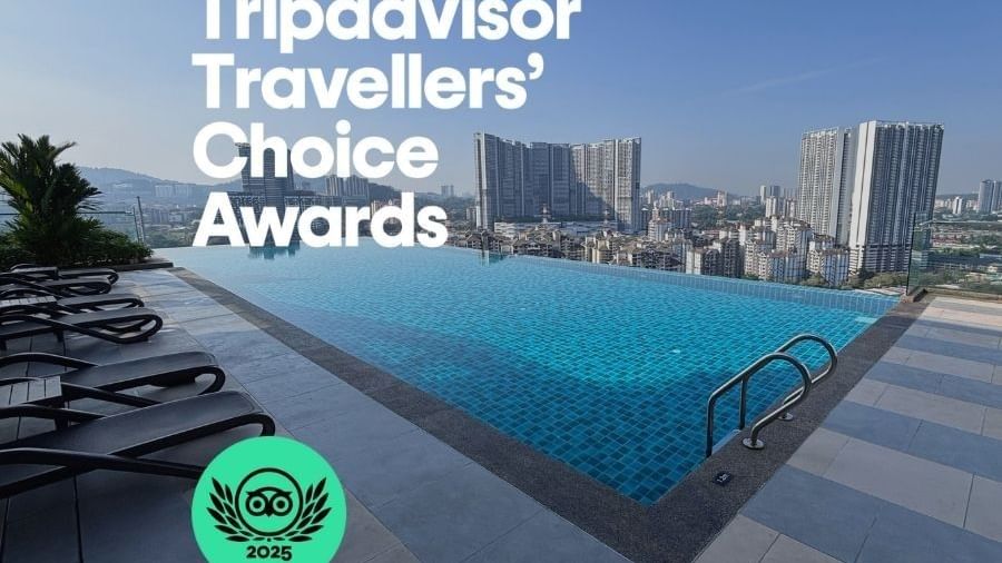 Outdoor pool with lounge chairs and cityscape view, labeled 