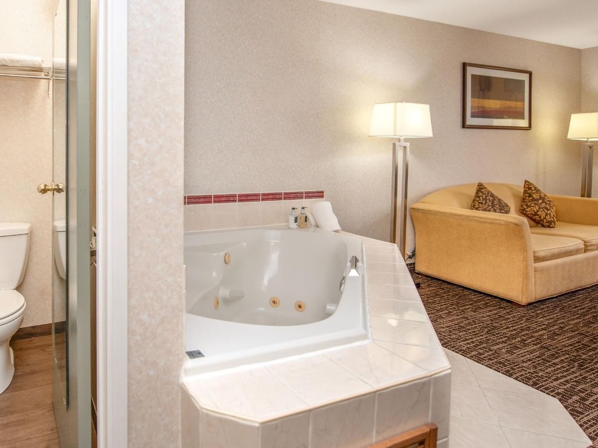 A room with a couch, two lamps, a coffee table, a toilet, and a jetted tub.