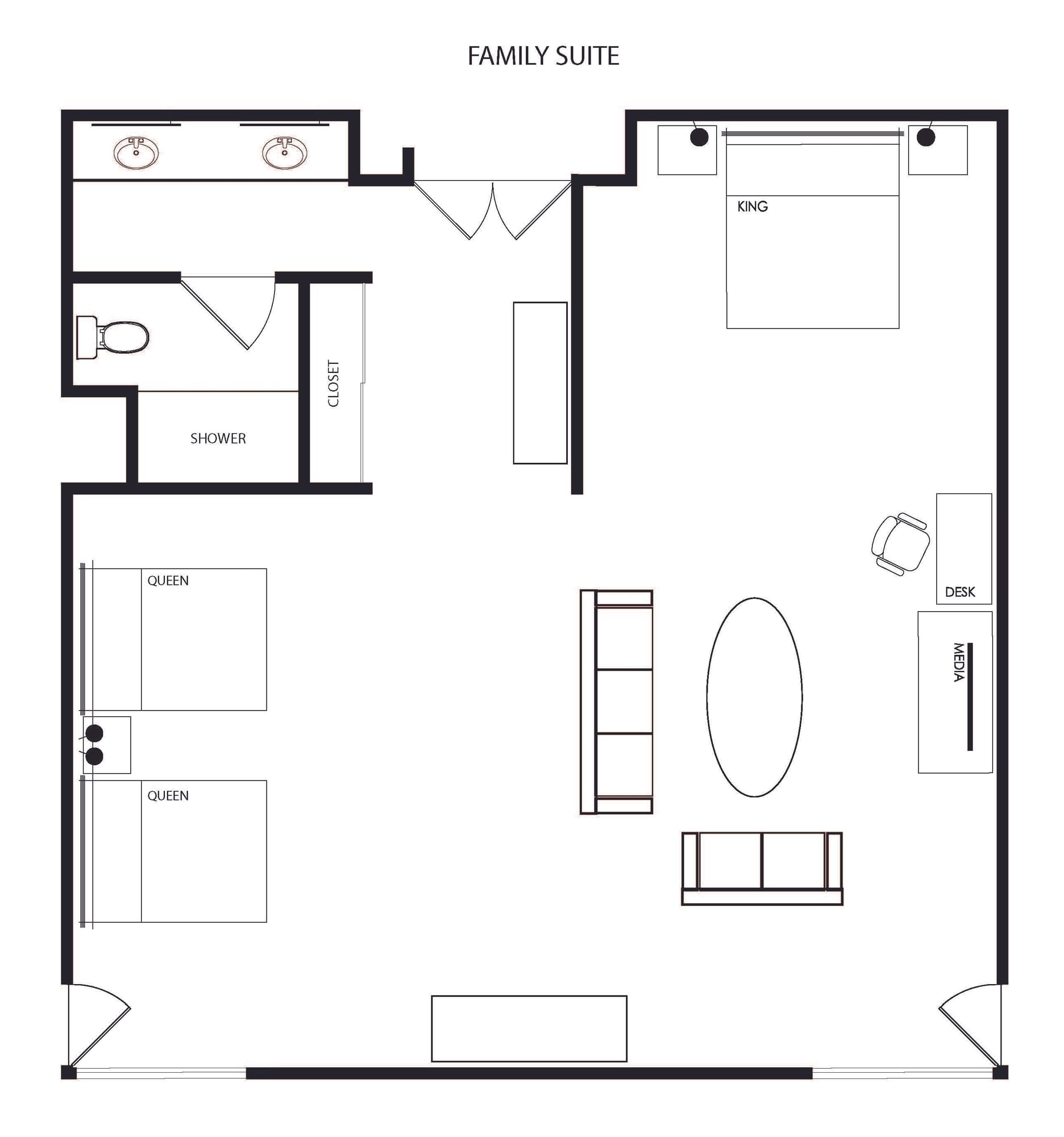 a black and white floorplan of a hotel suite