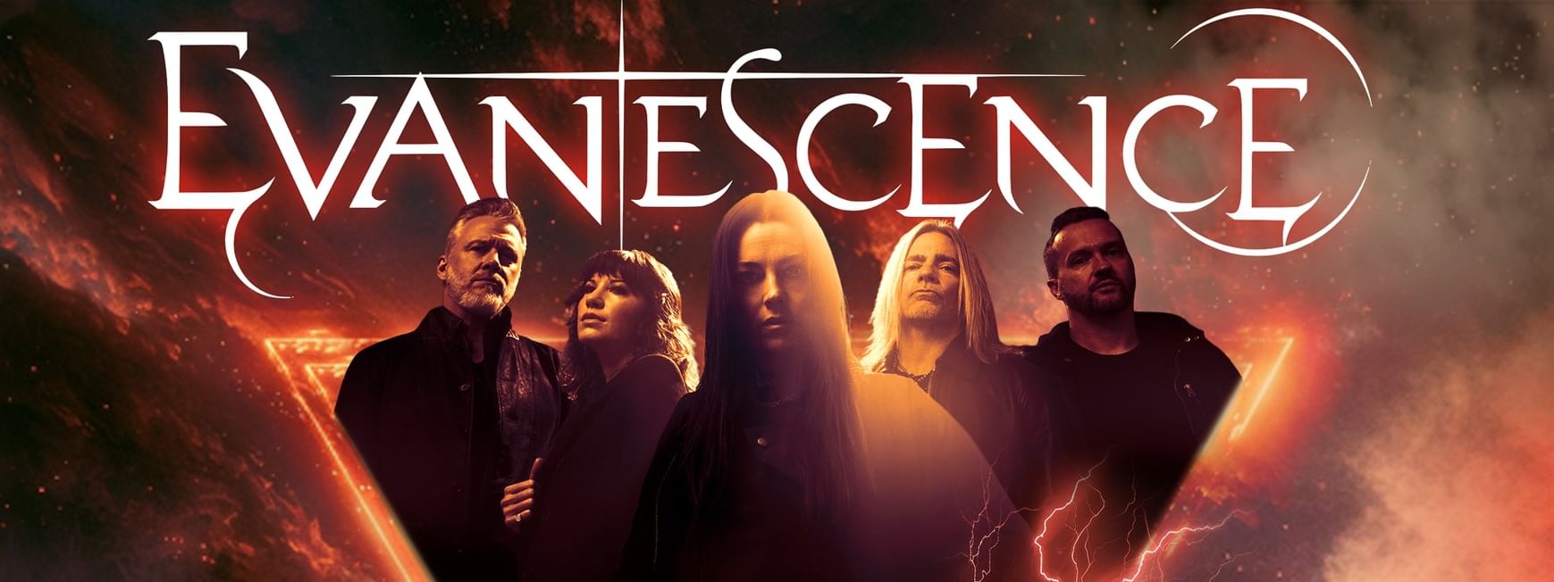 Five band members stand dramatically against a fiery cosmic backdrop with the Evanescence logo above them.