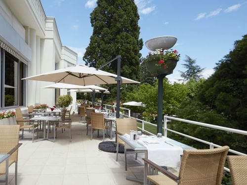 Terrace at Domaine de Divonne Hotel in Divonne-les-Bains.