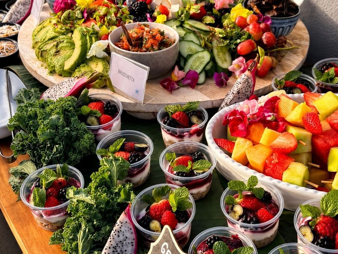 Fresh breakfast buffet featuring seasonal fruit, yoghurt, pastries and gourmet breakfast favourites at Hotel Grand Chancellor Townsville's Rooftop Buffet Breakfast.