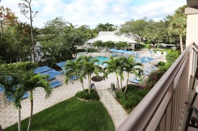 Balcony view of sunbeds lined by the outdoor pool area at Trianon Bonita Bay