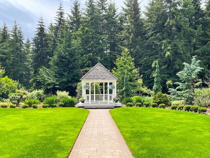 Overview of wedding garden surrounded by trees