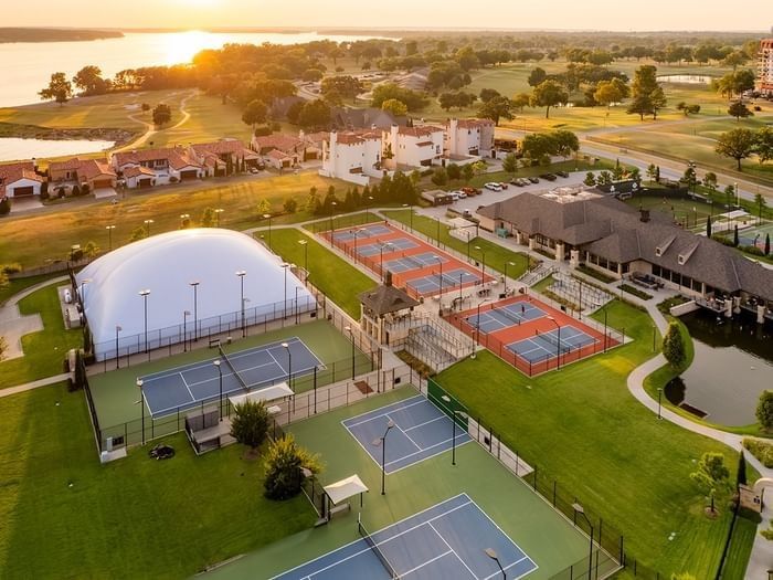 Aerial view of The Anchor & Raquet Club tennis pickleball courts at Shangri-La Resort and Golf Club