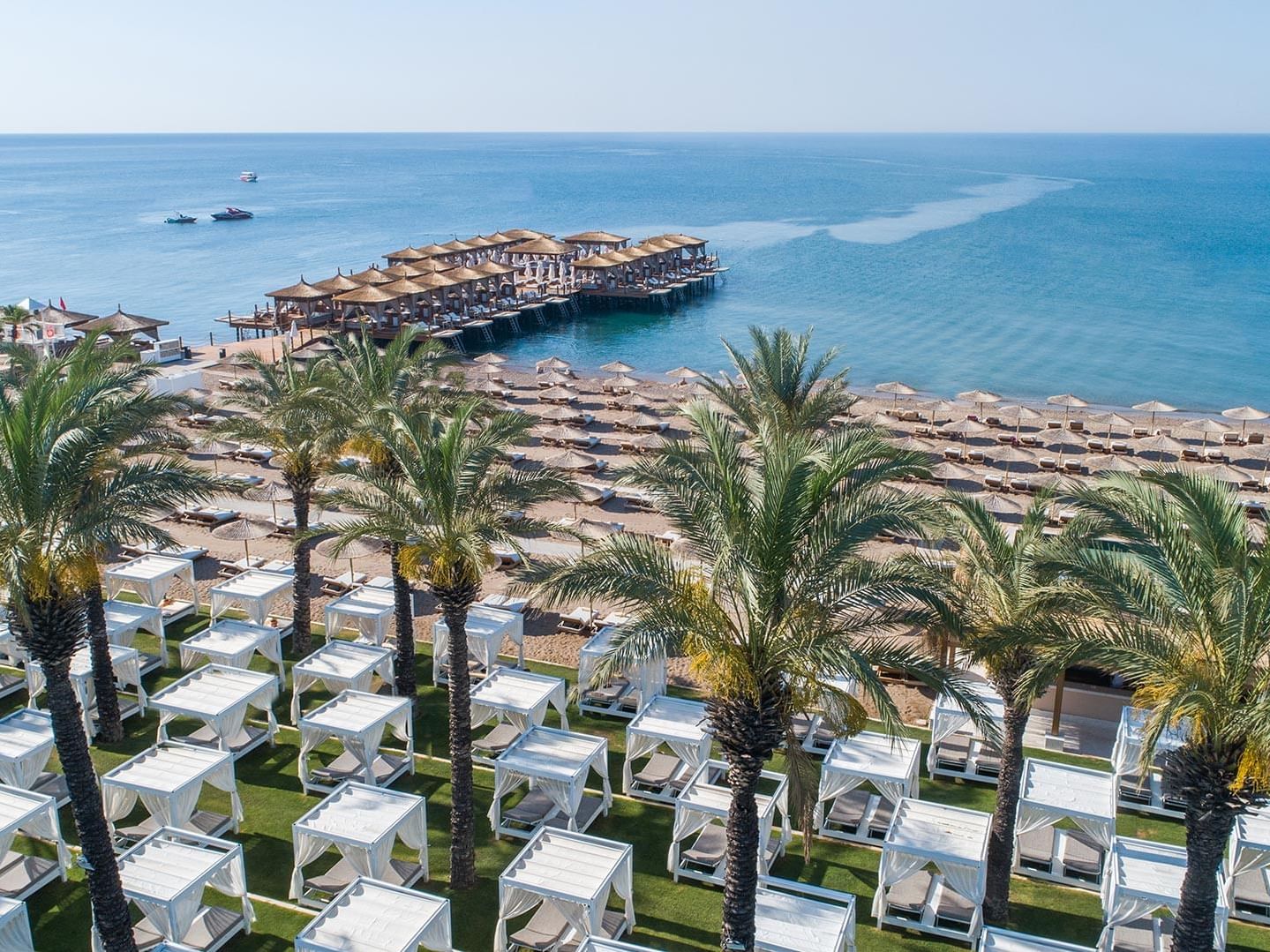 Aerial view of Beach Cabanas overlooking the Beach Lara on a sunny day near Titanic Deluxe Lara