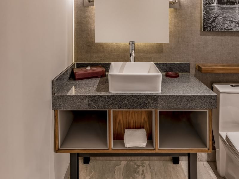 Bathroom vanity in Deluxe Room 1 king at FA Hotels & Resorts