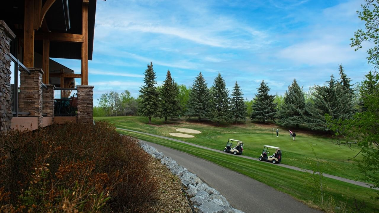 Golfers on the green at Innisfail Golf Club with golf carts on the pathway.