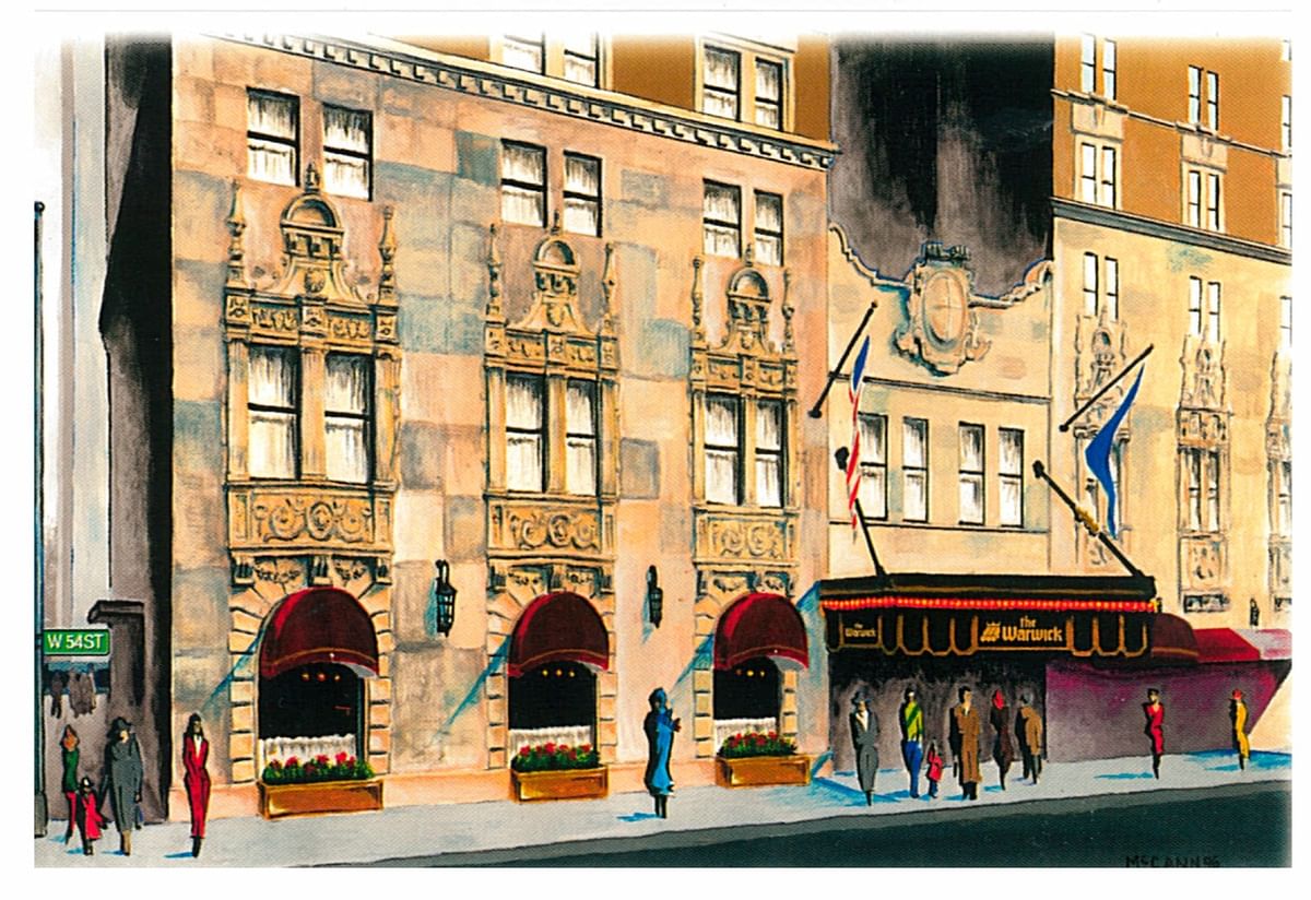Illustration of Warwick New York Hotel exterior with people walking at Warwick Corporate