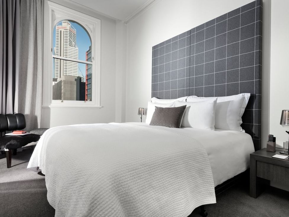 King bed in Heritage Hotel Room with city view at Melbourne Hotel Perth