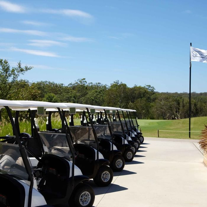 Line of golf carts parked at a sunny golf course with trees near Mercure Kooindah Waters
