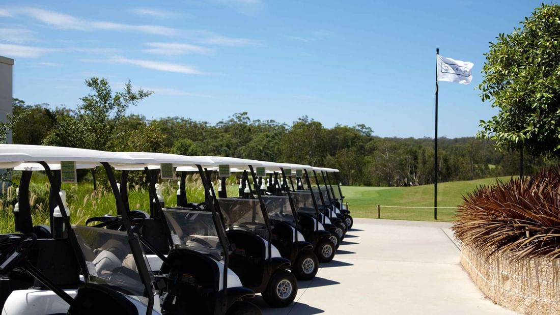 Line of golf carts parked at a sunny golf course with trees near Mercure Kooindah Waters