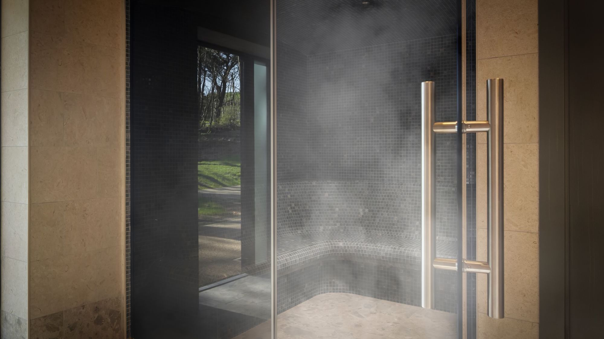 Elegant, misty steam room with dark grey tiles and glass doors, offering a view of the garden at Dunluce Lodge