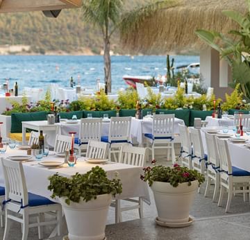 Elegant outdoor seating with dining tables at Yamas À la Carte Restaurant, Titanic Luxury Collection Bodrum