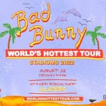 A purple background with stars and dolphins. Two palm trees frame the words Bad Bunny.