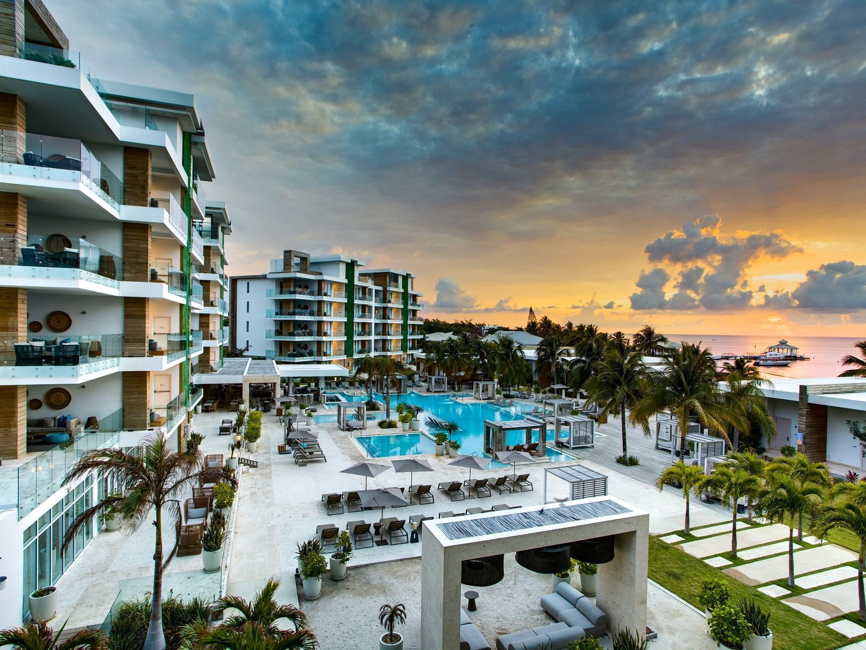 Distance view of the Alaia Belize Autograph Collection during sunset