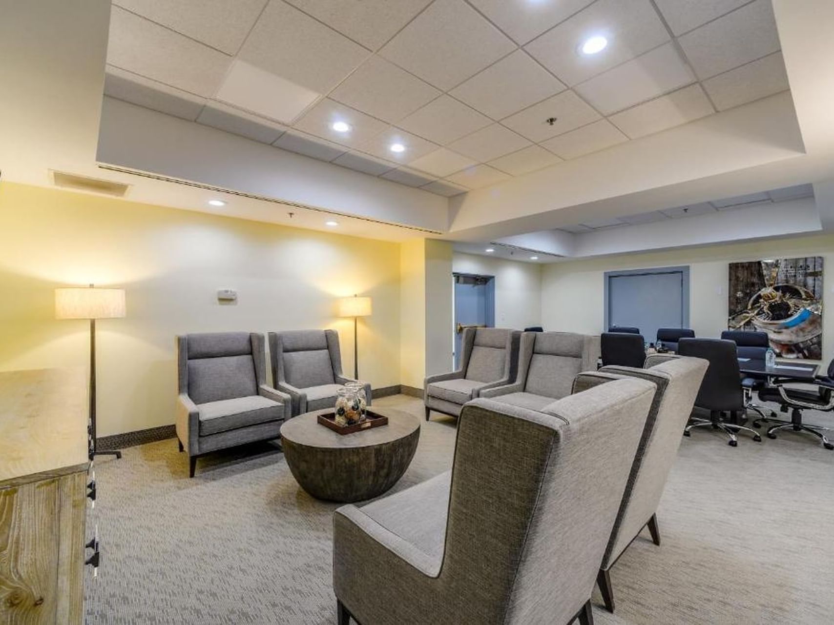 Lounge area & boardroom set-up in Executive Boardroom Two at St. Louis Airport Hotel