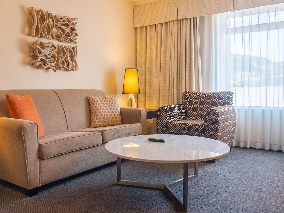 Living area of guest room with tv, coffee table, couch, arm chair, window view