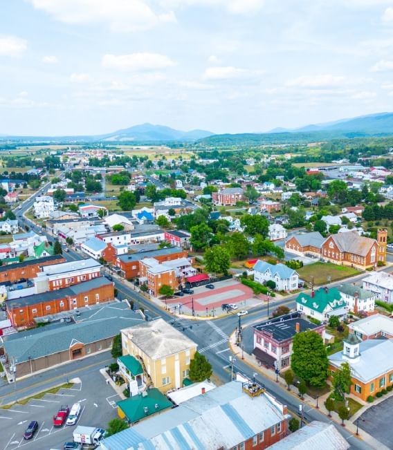 Aerial view of the city with streets near South Branch Inn Moorefield