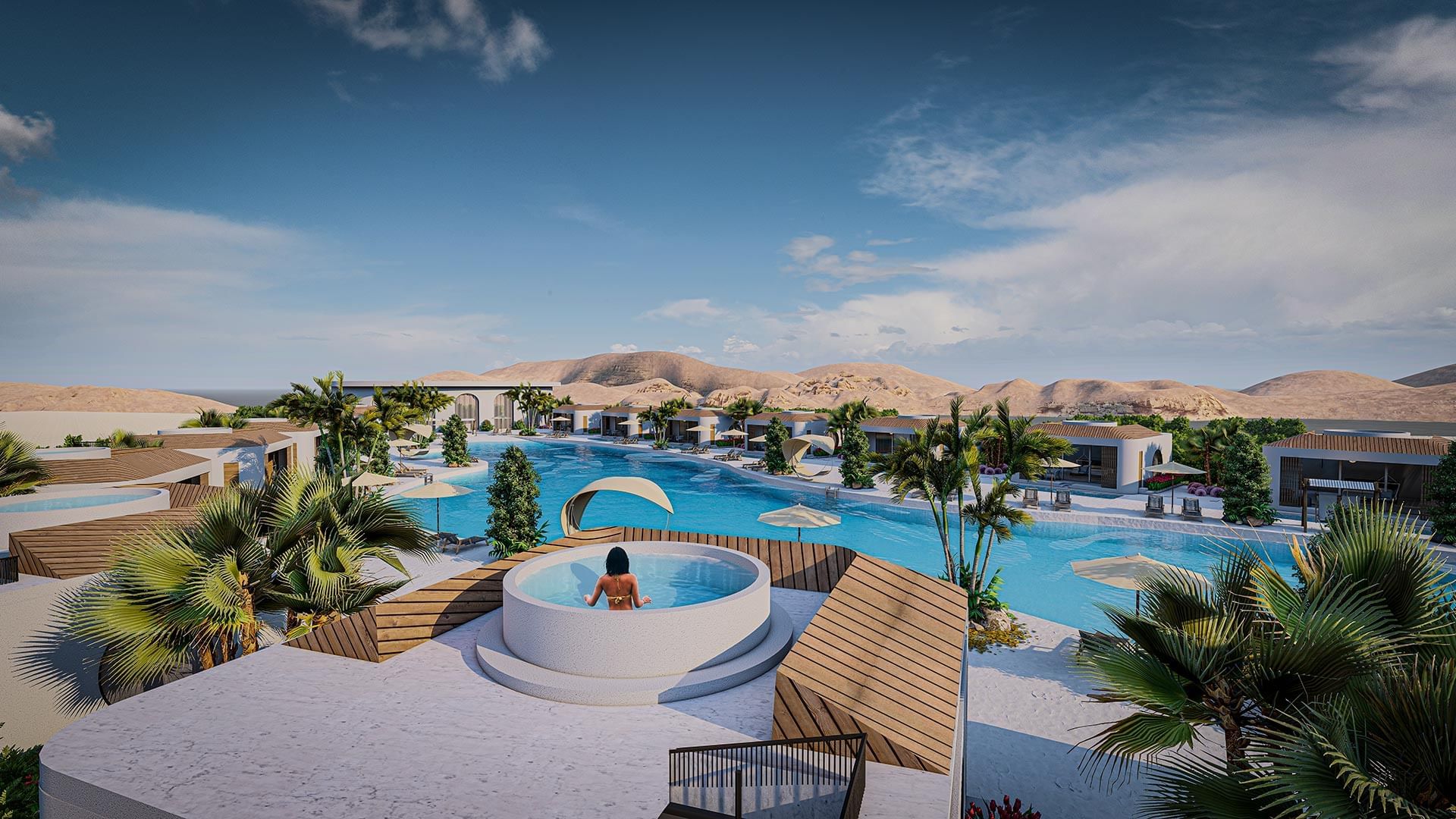 Panoramic view of a lady relaxing in a rooftop jacuzzi at Titanic Deluxe Sharm El Sheikh