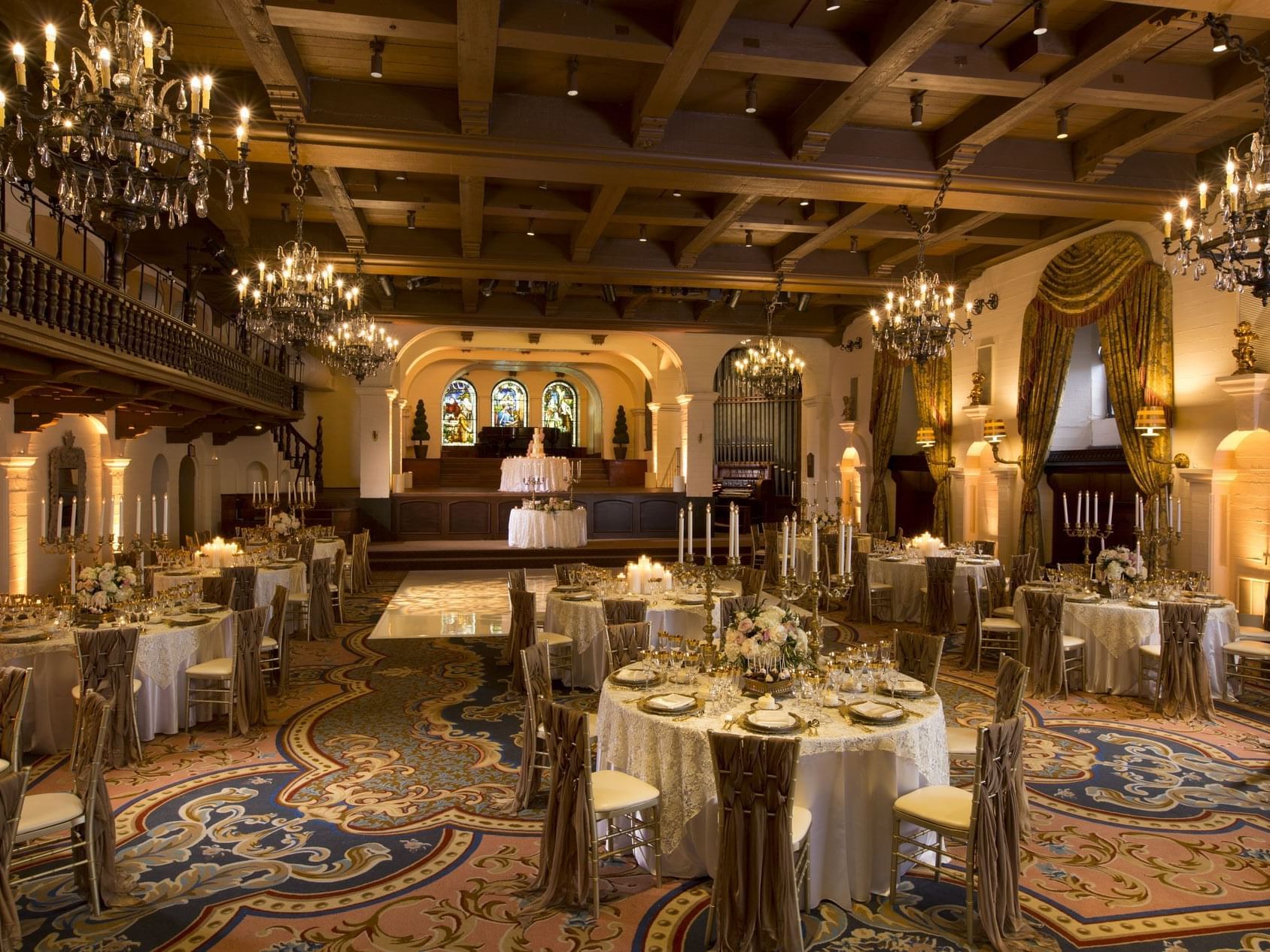 Banquet table setup in ballroom at Mission Inn Riverside
