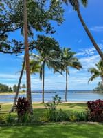 Tropical beach view with palm trees by a sandy shore under a blue sky at The Naviti Resort - Fiji