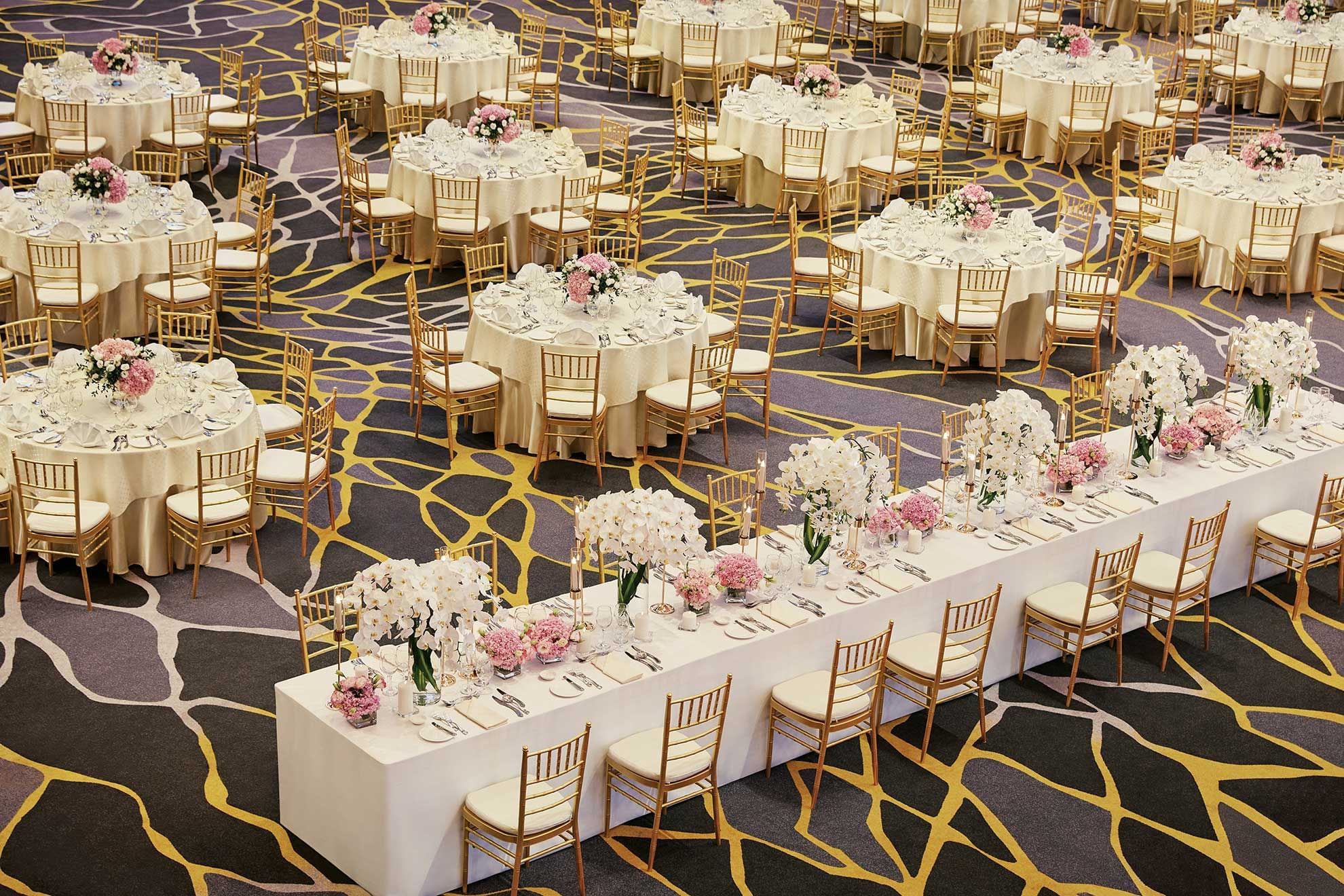 Tables at a wedding in Grand Lagoon Ballroom in Sunway Lagoon