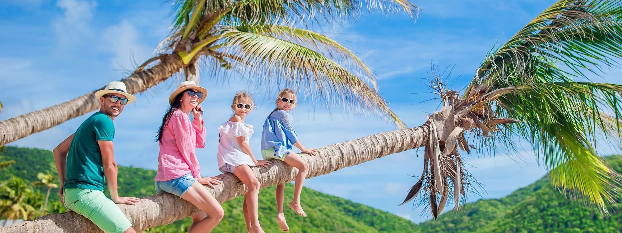Family on the beach on palm tree at Daydream Island Resort