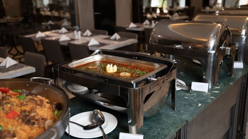 Buffet of daily breakfast dishes at Al Firdous in Saja by Warwick Madinah.