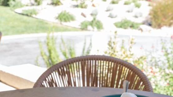 Plateau en bois avec divers desserts et glaces, placé sur une table en extérieur près d'un jardin.