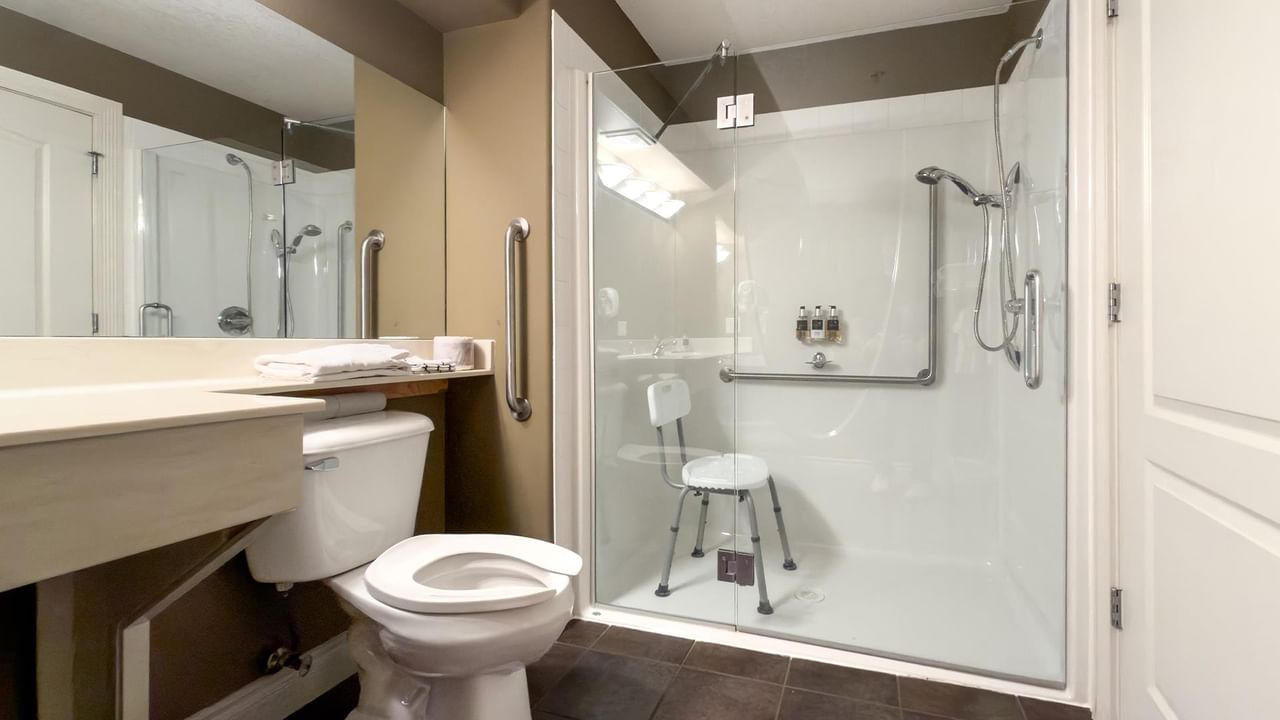 Accessible bathroom with roll-in shower, grab bars, shower chair, and modern fixtures at Coast Edson Hotel