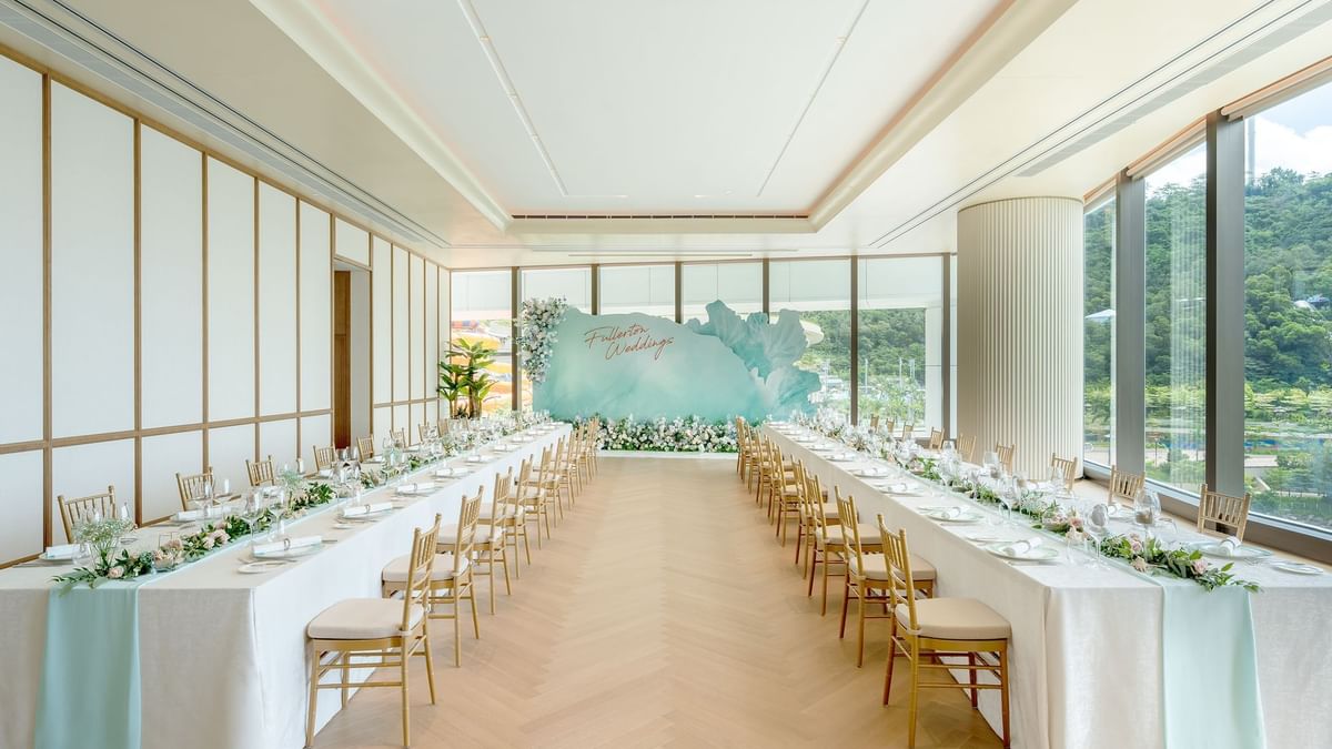 Long table set-up with decorations & glassware arrangements in The Pavilion at Ocean Park Hotel Hong Kong