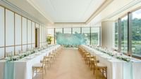 Long table set-up with decorations & glassware arrangements in The Pavilion at Ocean Park Hotel Hong Kong