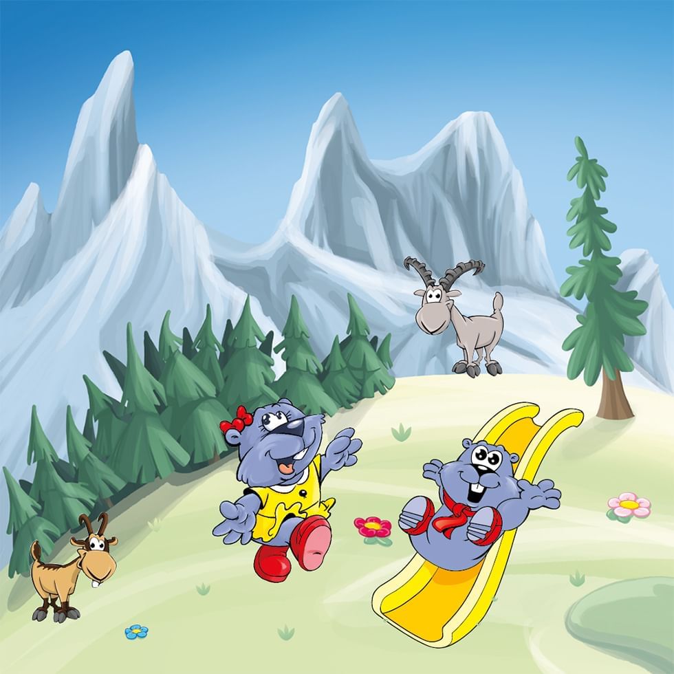Two cheerful cartoon beavers slide down a yellow slide amidst a mountain landscape used at Falkensteiner Hotel Montafon