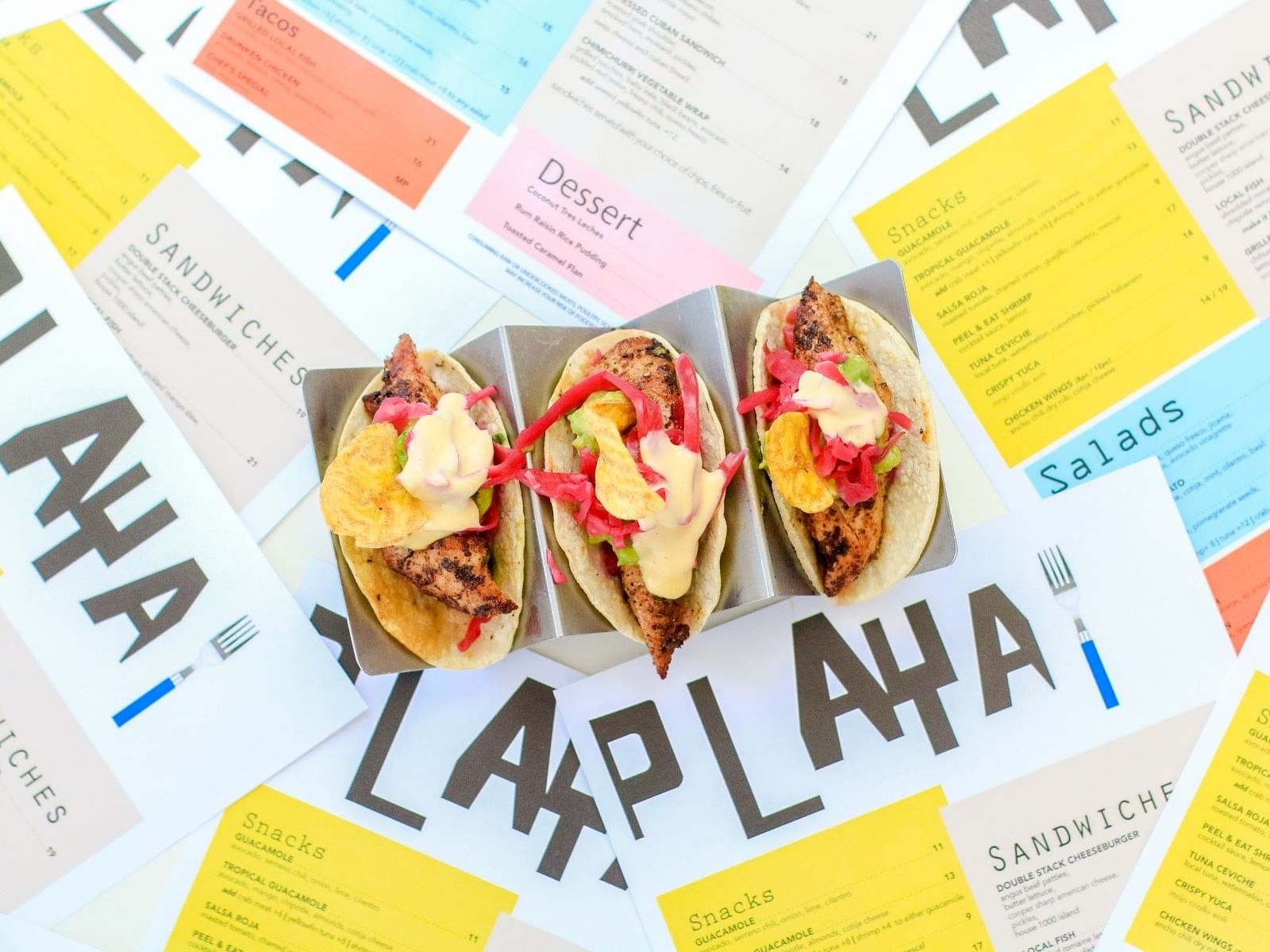 Close-up on three tacos served at The Diplomat Resort