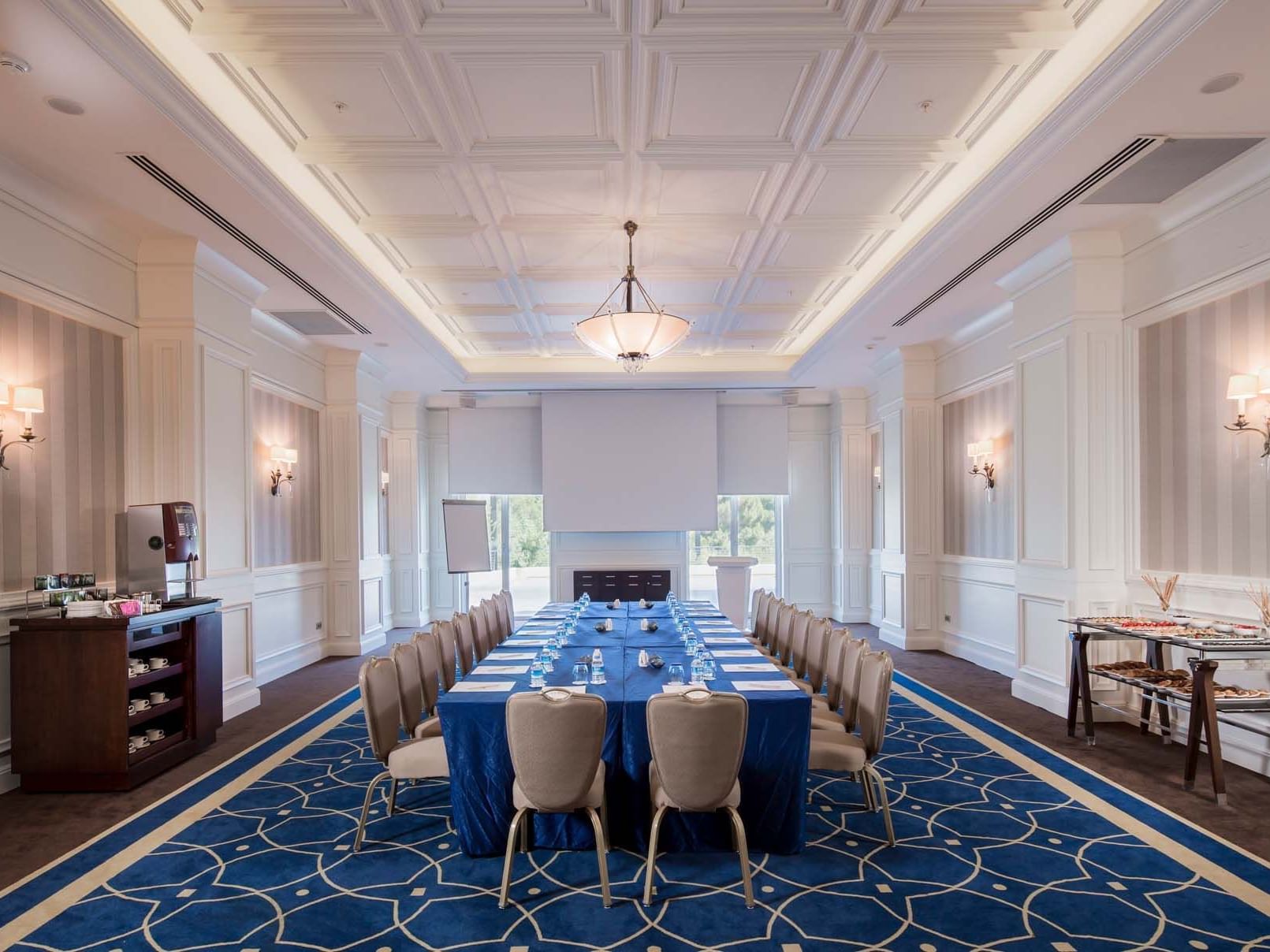 Boardroom set-up with refreshment corner in Adriatic Meeting Rooms at Titanic Deluxe Golf Belek