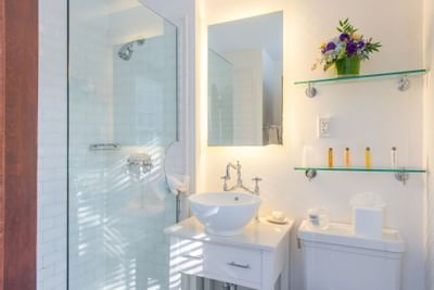 Bathroom interior with a white basin sink, a large mirror, and a walk-in shower in Queen Suite at The Exeter Inn