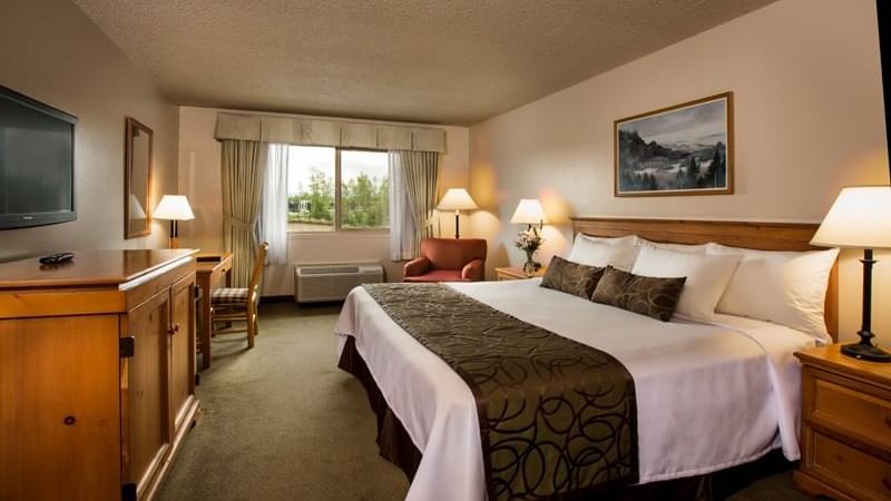 Bed and sofa chair in hotel room with window