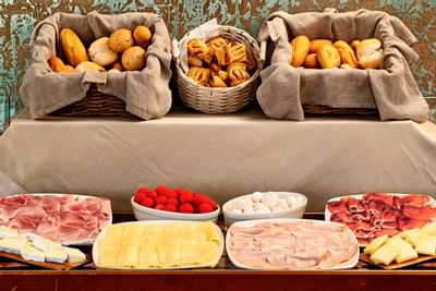 Breakfast buffet display in a restaurant at Hotel Bisanzio