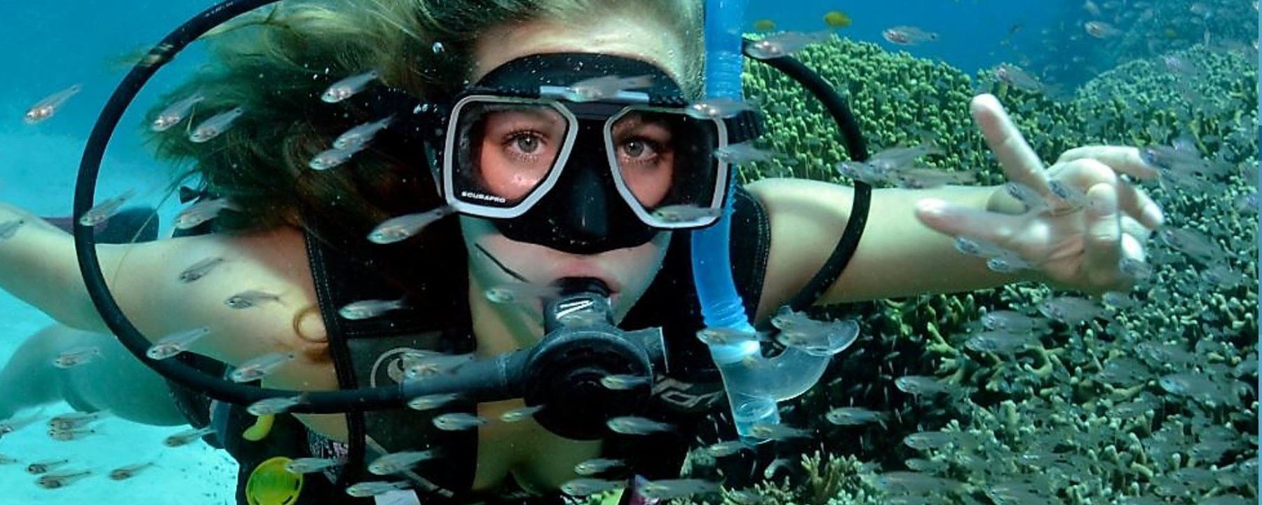 Young woman scuba dives with a school of glassfish over coral near Infinity Bay Spa & Beach Resort