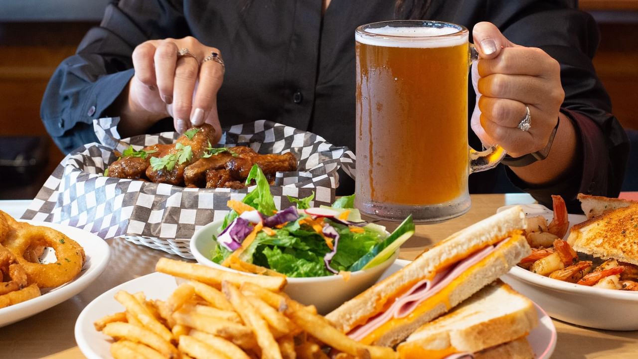 Table of food and beer
