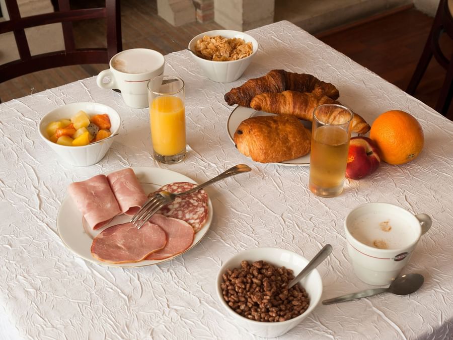 Closeup of a breakfast meal served at Hotel Le Cheval Rouge