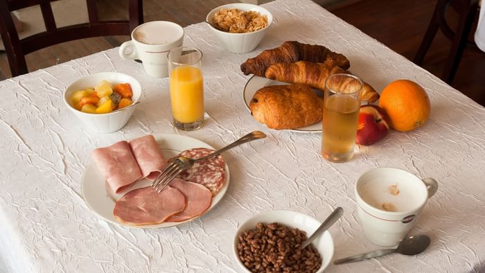 Closeup of a breakfast meal served at Hotel Le Cheval Rouge