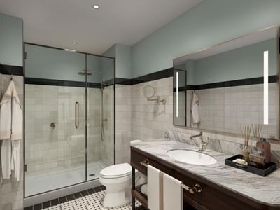 Shower and vanity area with lavatory in King Room at The Delegate Hotel