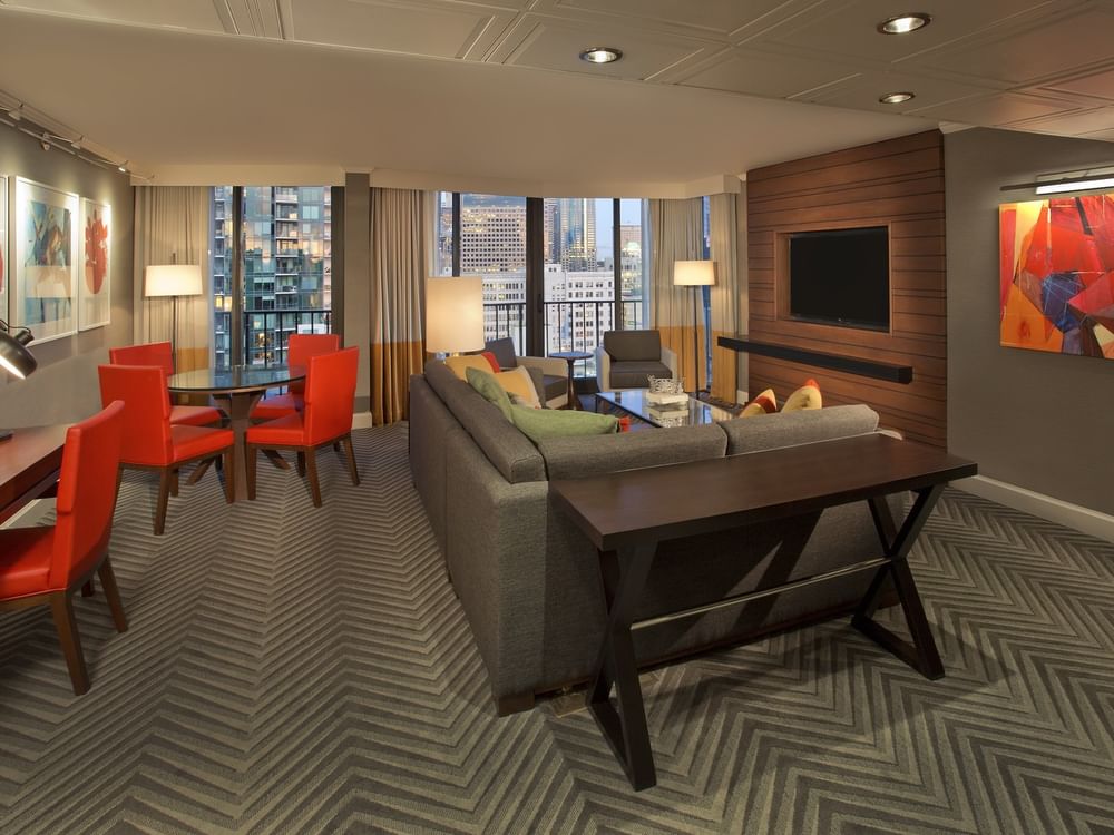 Elegant Evergreen Suite with modern furnishings and city view at Warwick Seattle in Seattle.