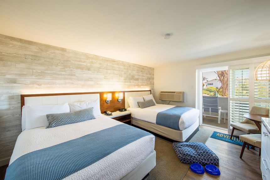 Hotel room with two beds and dog bed with bowls 