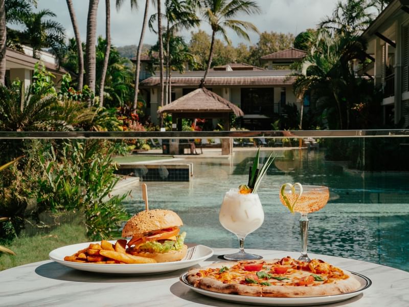 Food and Drinks with Pool Background