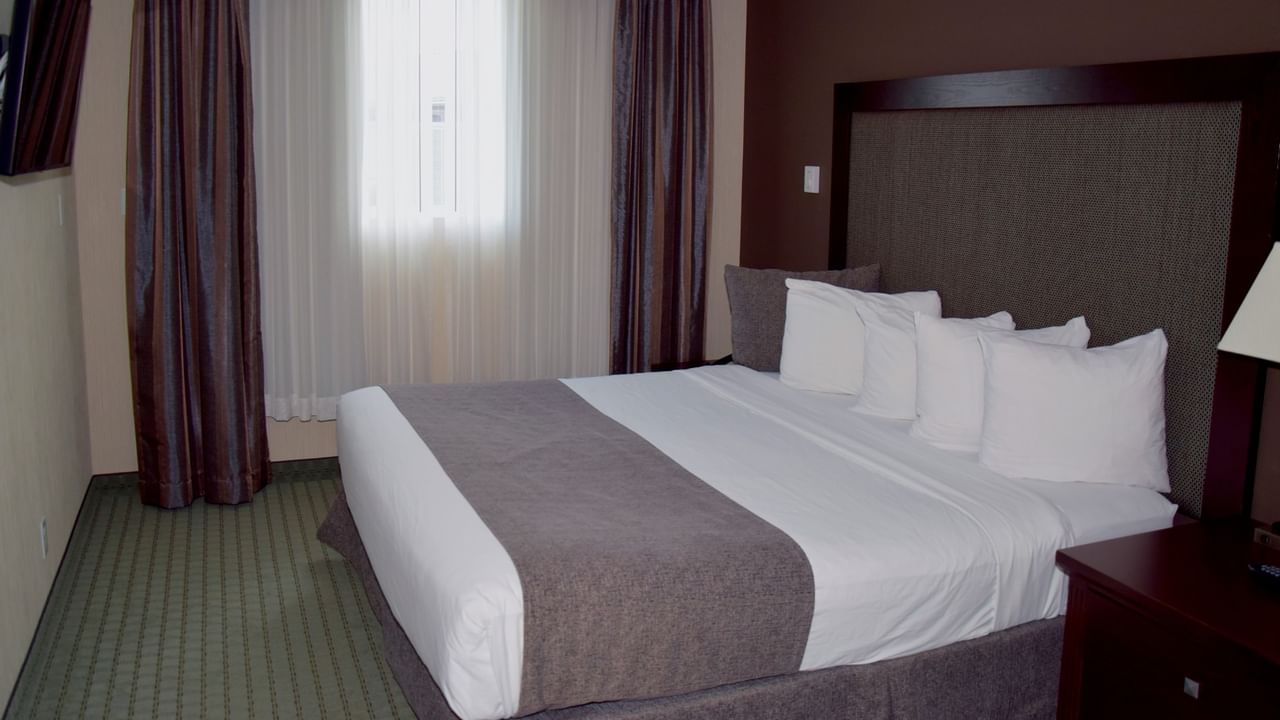 A hotel room with a bed, curtains, and a nightstand with a lamp.