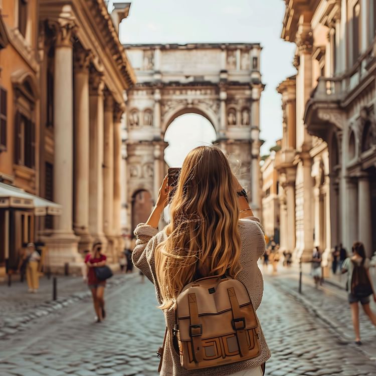 A woman takes a photo of an ancient archway on a Rome street with tourists near The Independent